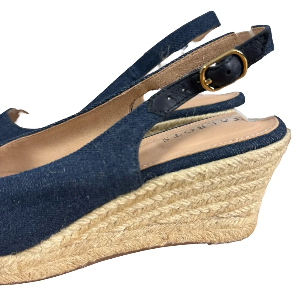 Talbots Vivi Slingback Denim Espadrille Wedge Point Toe Heels Shoes Blue sz 7 M